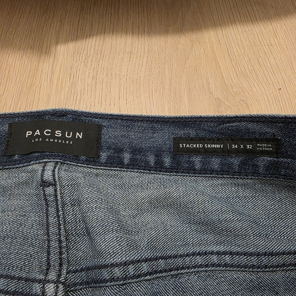 Pacsun Medium Wash Distressed Black Paint Splatter Stacked Skinny Jeans Sz 34×32 - Picture 3 of 9